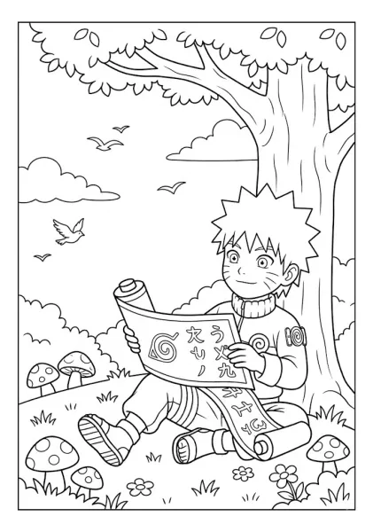Chibi Naruto sitting under a large tree reading an open ninja scroll coloring page