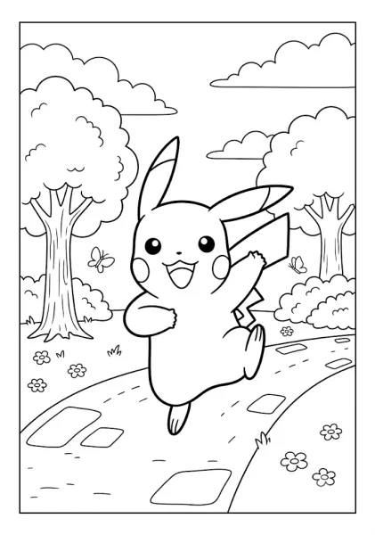 Cute Pikachu running happily along a stone path in a sunny park with trees butterflies and flowers Pokemon Coloring Pages