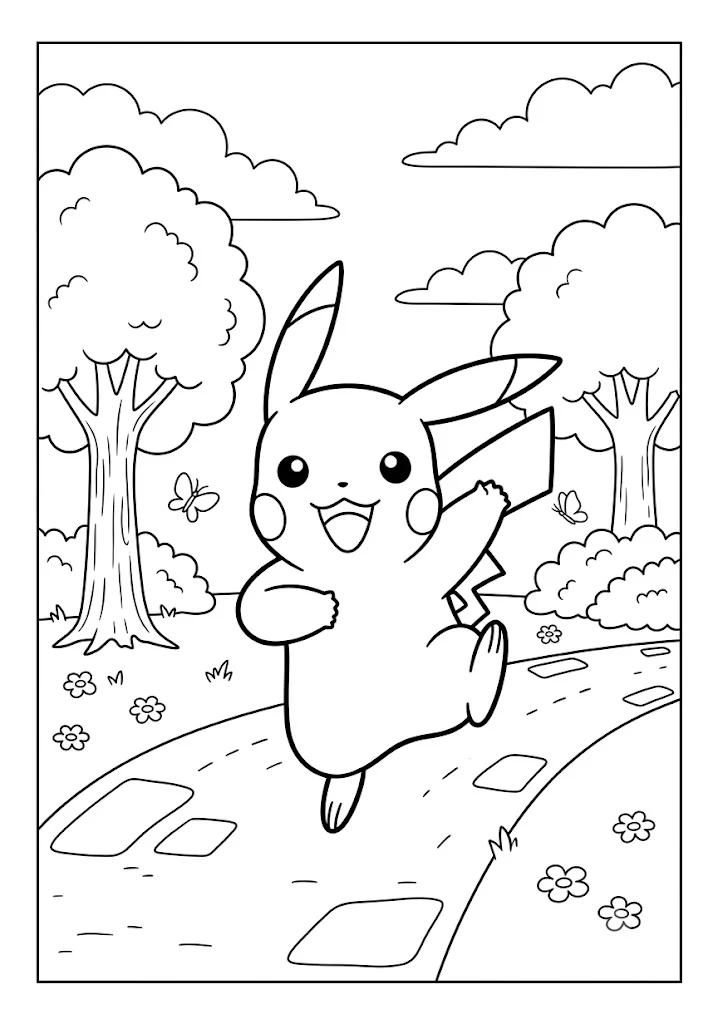 Cute Pikachu running happily along a stone path in a sunny park with trees butterflies and flowers Pokemon Coloring Pages
