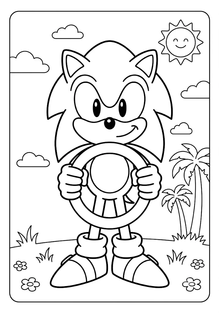 Sonic holding a large golden ring in front of palm trees and flowers under a bright sun Sonic Coloring Pages