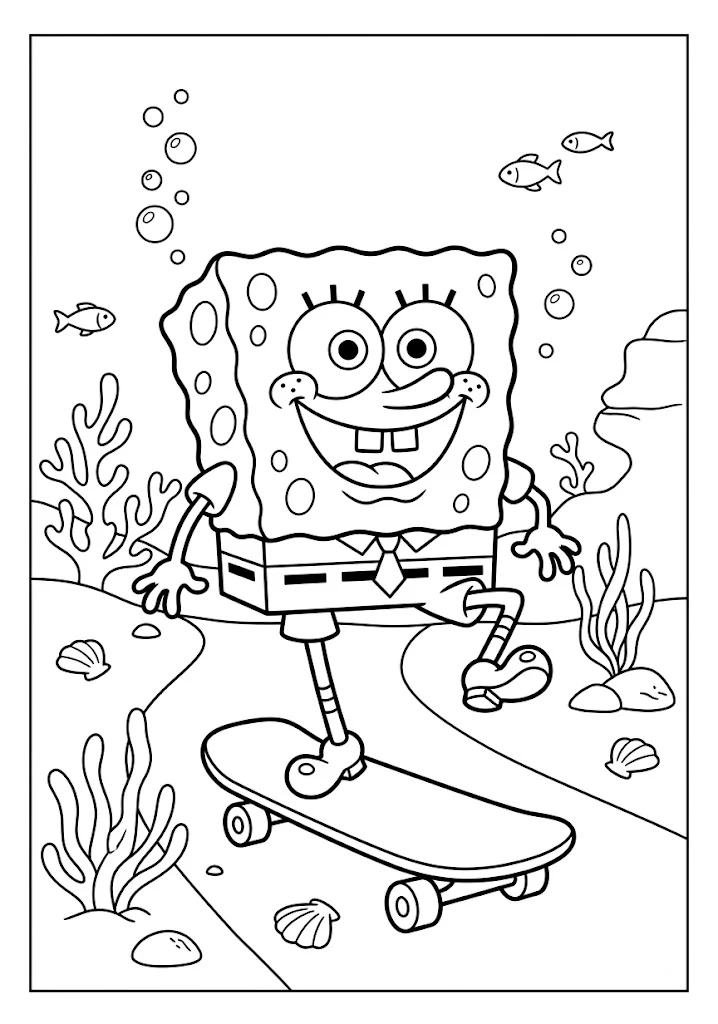 SpongeBob SquarePants riding a skateboard along an underwater pathway with coral and small fish SpongeBob Coloring Pages