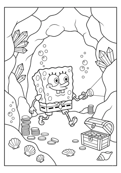 SpongeBob  holding a flashlight inside a crystal cave with gold coins and a treasure chest SpongeBob Coloring Pages