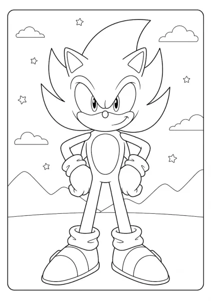 A printable coloring page of Super Sonic the Hedgehog standing confidently under a starry sky and mountains