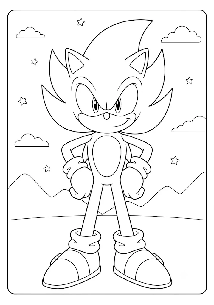 A printable coloring page of Super Sonic the Hedgehog standing confidently under a starry sky and mountains