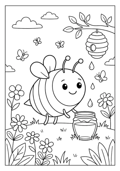A cute bee sitting next to a jar of honey with a beehive hanging from a tree branch above Bee Coloring Pages