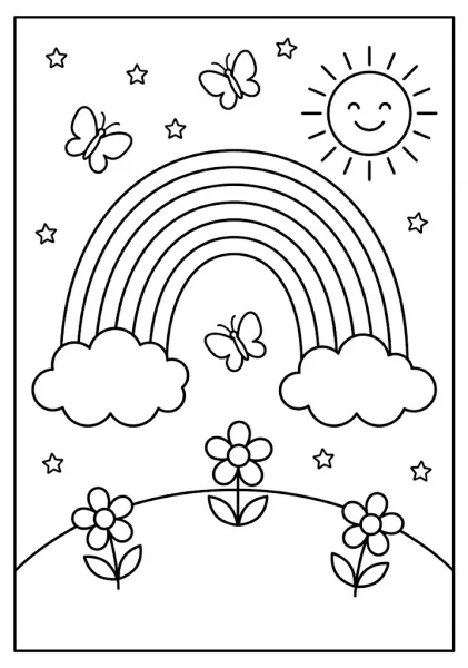 A simple line drawing of a smiling sun arching rainbow flying butterflies and flowers on a hill coloring page