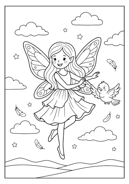 A cute fairy flying among clouds and stars alongside a small happy bird surrounded by floating feathers Fairy Coloring Pages