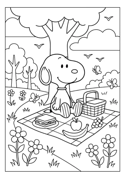 Snoopy sitting under a big tree on a checkered blanket with a picnic basket and snacks Snoopy Coloring Pages