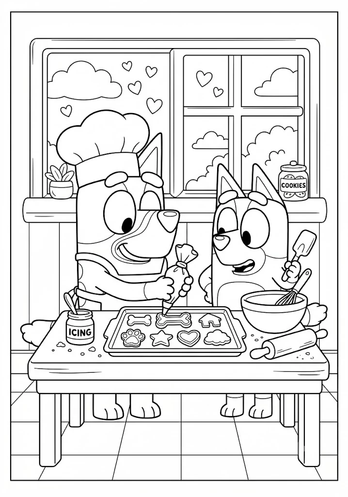 Bluey in a chef hat decorating cookies with icing alongside Bingo mixing ingredients at a kitchen table