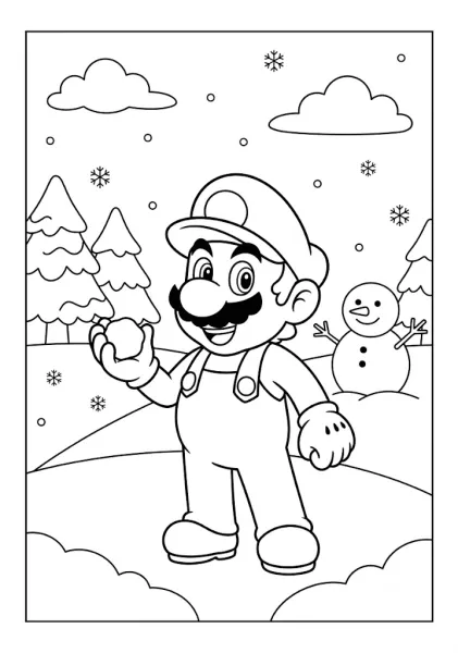 Mario holding a snowball in a winter landscape with a snowman Mario Coloring Pages