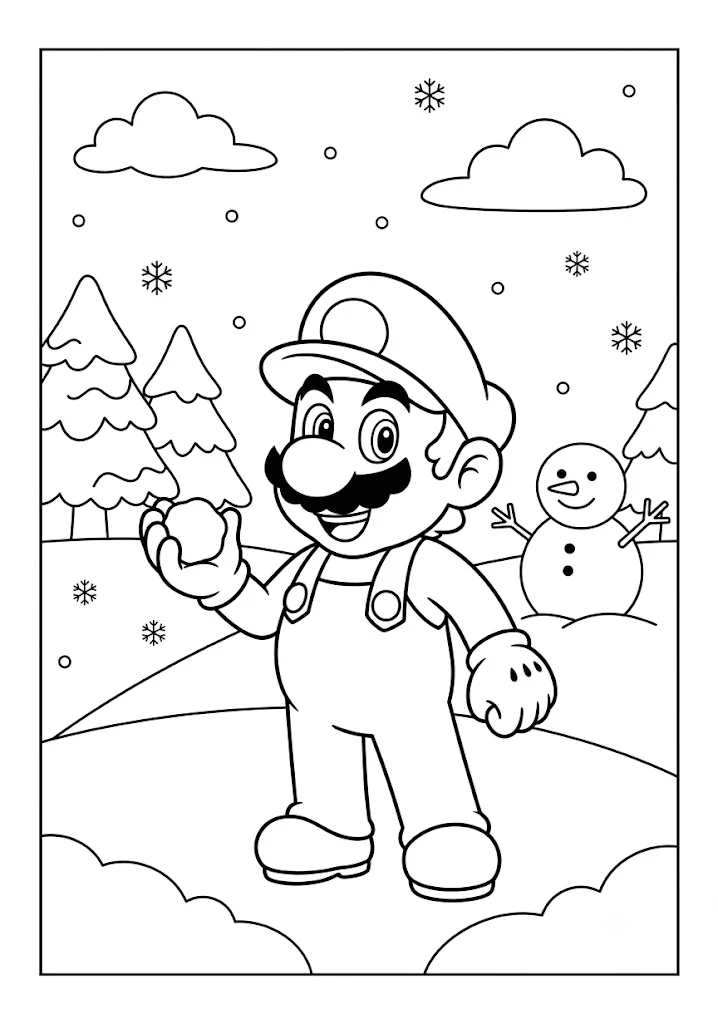 Mario holding a snowball in a winter landscape with a snowman Mario Coloring Pages