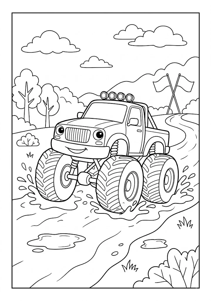 Monster truck splashing through a mud puddle on an off-road track Monster Truck Coloring Pages