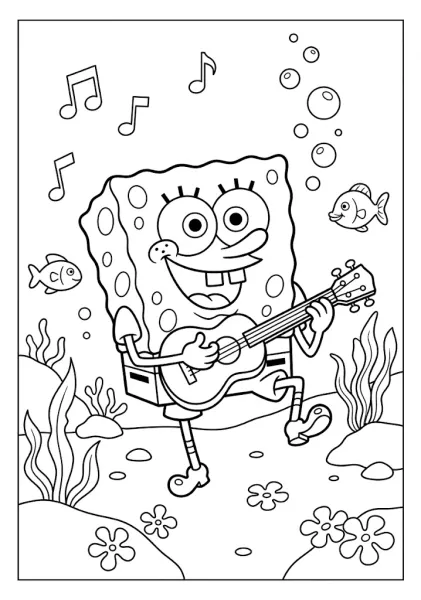 SpongeBob SquarePants playing an acoustic guitar with musical notes floating around him underwater SpongeBob Coloring Pages