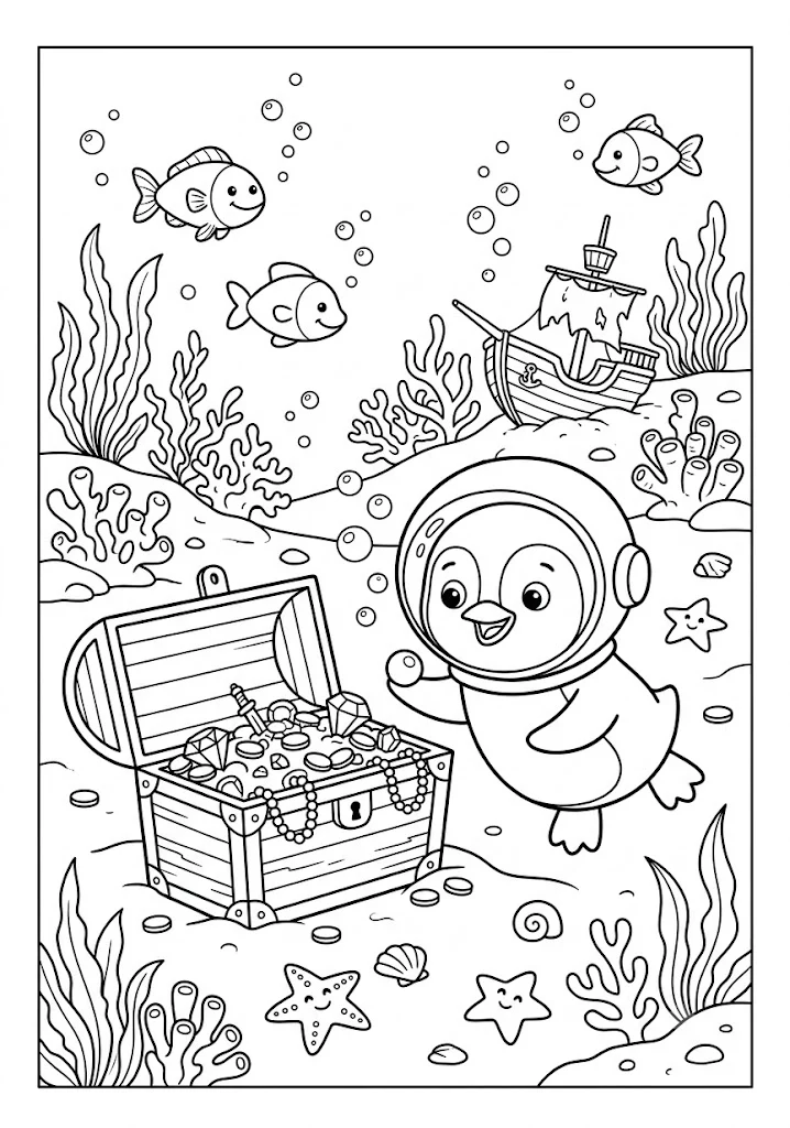 Cute penguin wearing a scuba diving helmet finding a treasure chest full of gold and jewels underwater with fish coral and a sunken ship Penguin Coloring Pages