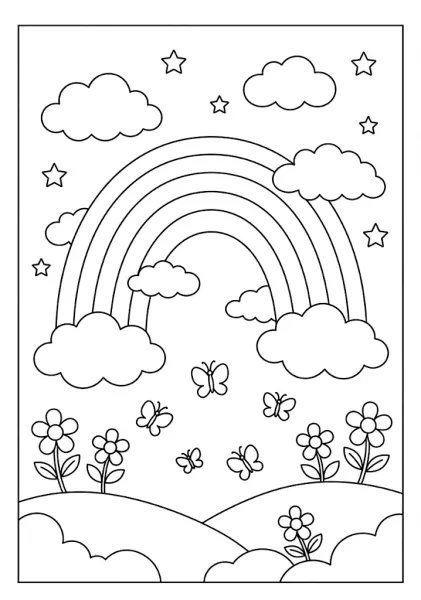 Coloring page of a high rainbow arching over floating butterflies clouds stars and garden hills