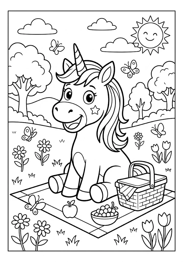 Cute unicorn having a meadow picnic next to a picnic basket, fruits, and butterflies