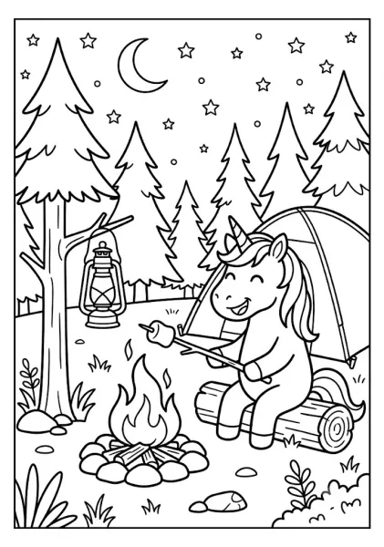 A cute unicorn roasting marshmallows by a campfire near a tent under a starry night sky