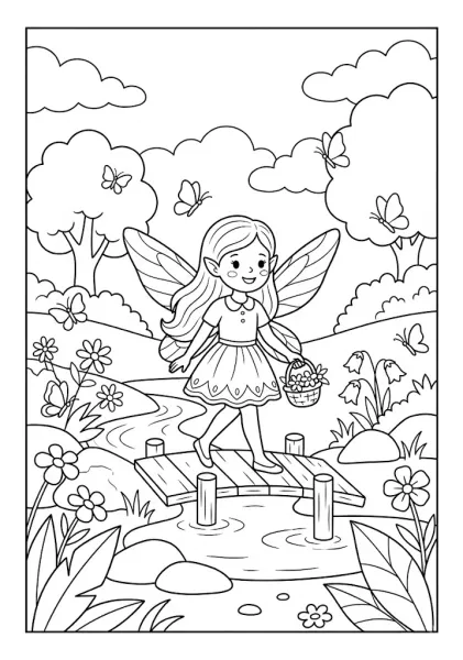 A cute fairy carrying a flower basket while walking across a wooden bridge over a stream Fairy Coloring Pages
