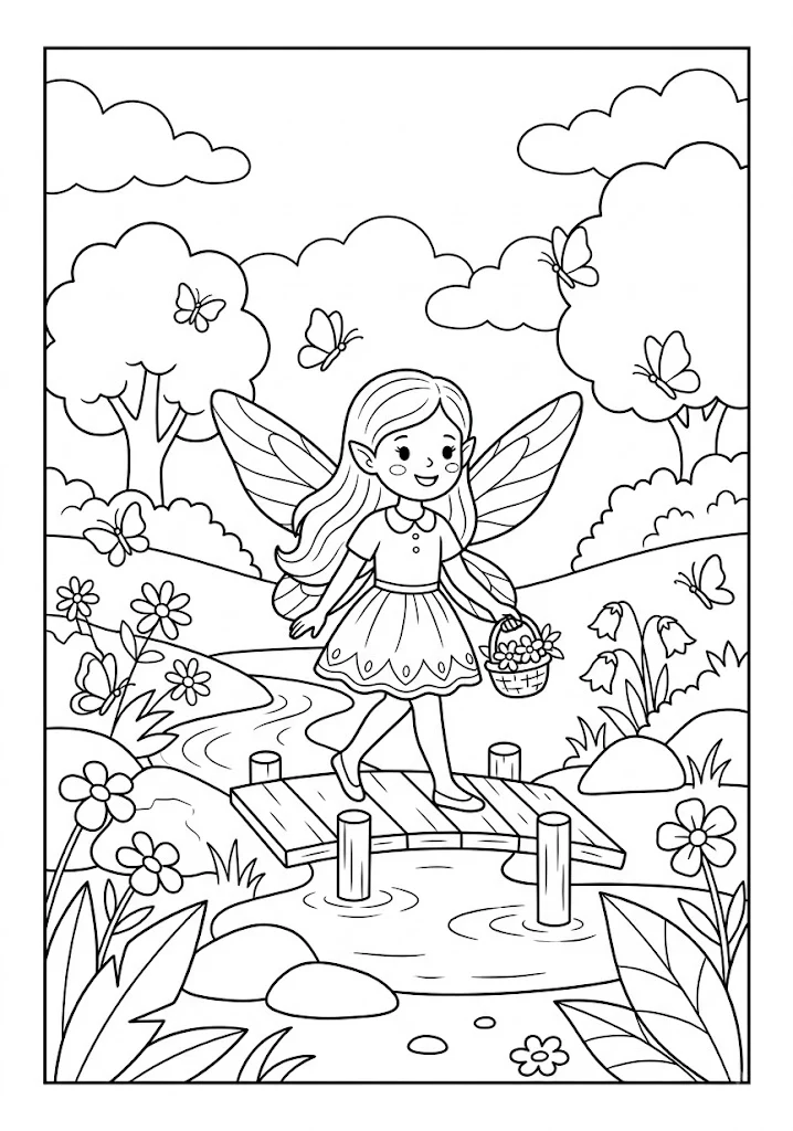 A cute fairy carrying a flower basket while walking across a wooden bridge over a stream Fairy Coloring Pages