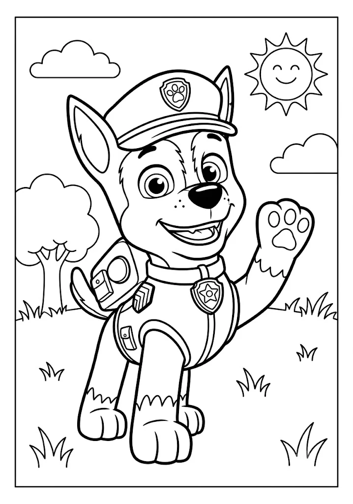 Chase standing in a simple grassy field under a smiling sun waving one paw Title Paw Patrol Chase Waving Coloring Page