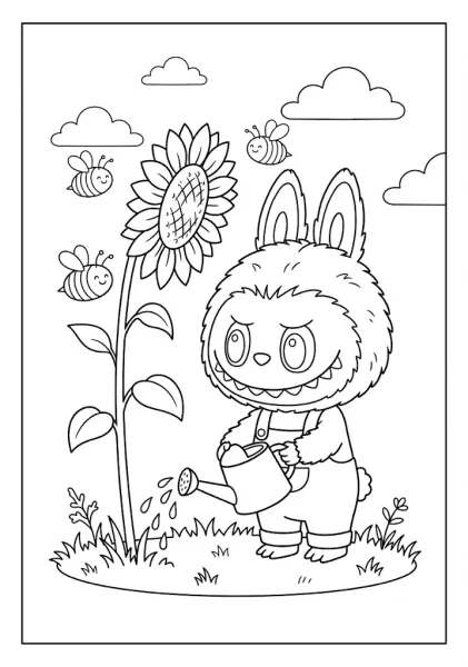 A cute monster character watering a tall sunflower in our sweet garden Labubu coloring pages