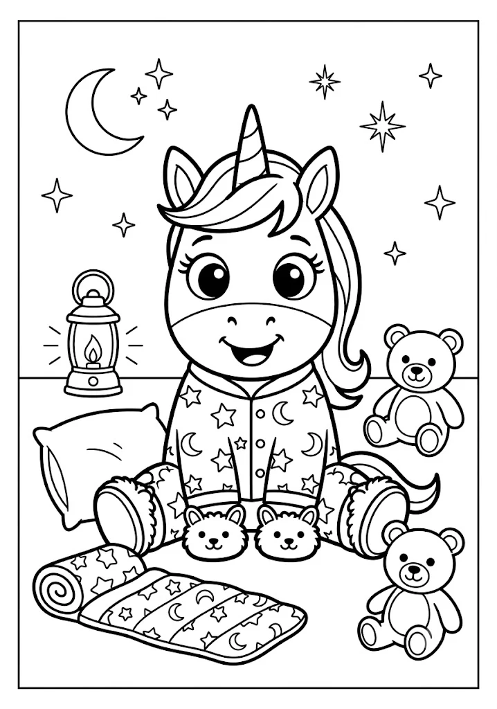 Cute unicorn wearing star pajamas sitting next to a sleeping bag and teddy bears