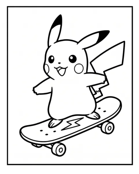 Happy Pikachu Riding Skateboard Coloring Page