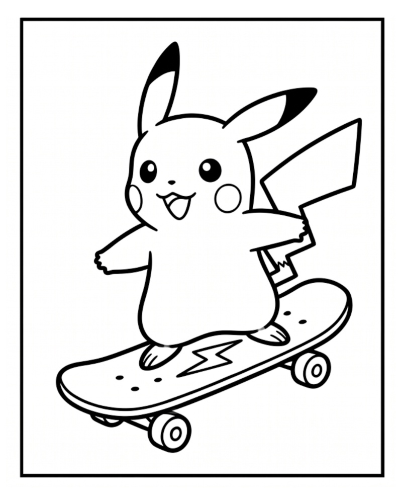 Happy Pikachu Riding Skateboard Coloring Page