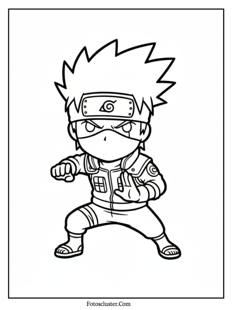 A black and white coloring page of chibi Kakashi Hatake in a low stance, preparing to attack or use a jutsu