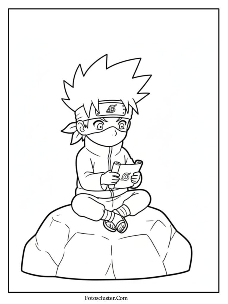 A coloring page featuring a cute chibi Kakashi Hatake as a child, sitting on a rock and reading a scroll, wearing his ninja headband