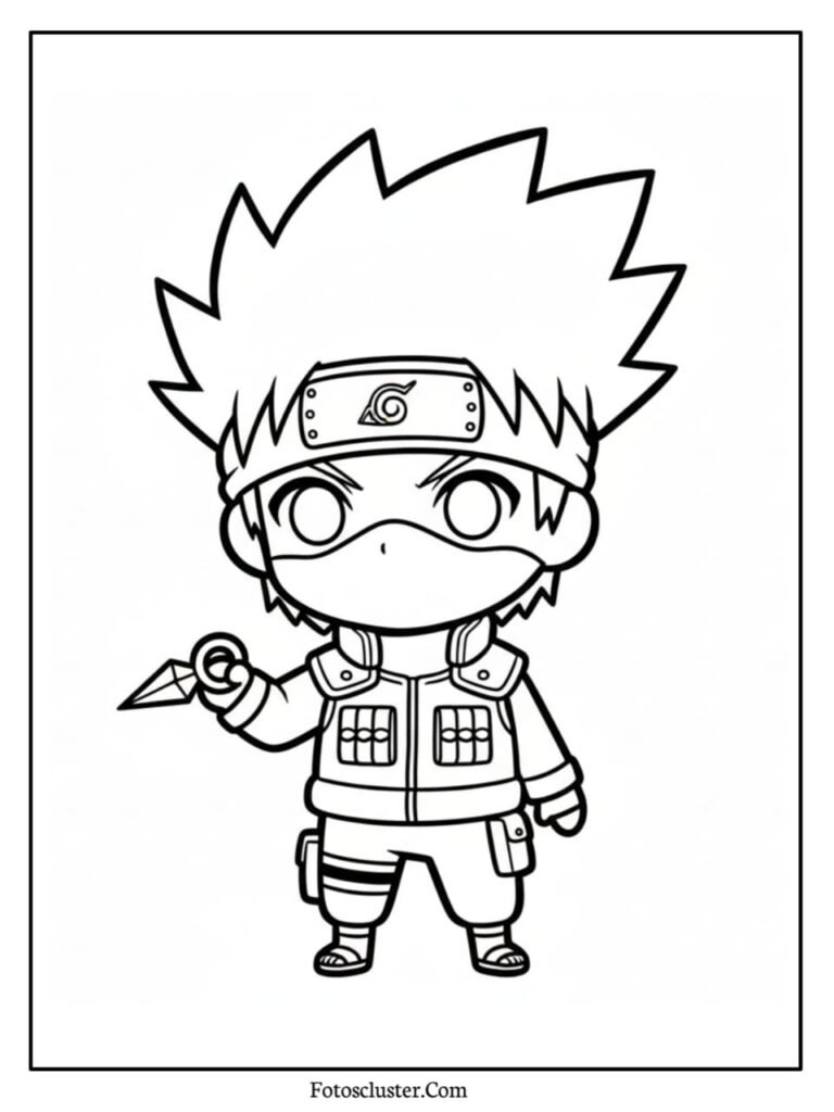 A coloring page of cute chibi Kakashi Hatake in full uniform, holding a kunai knife ready for action