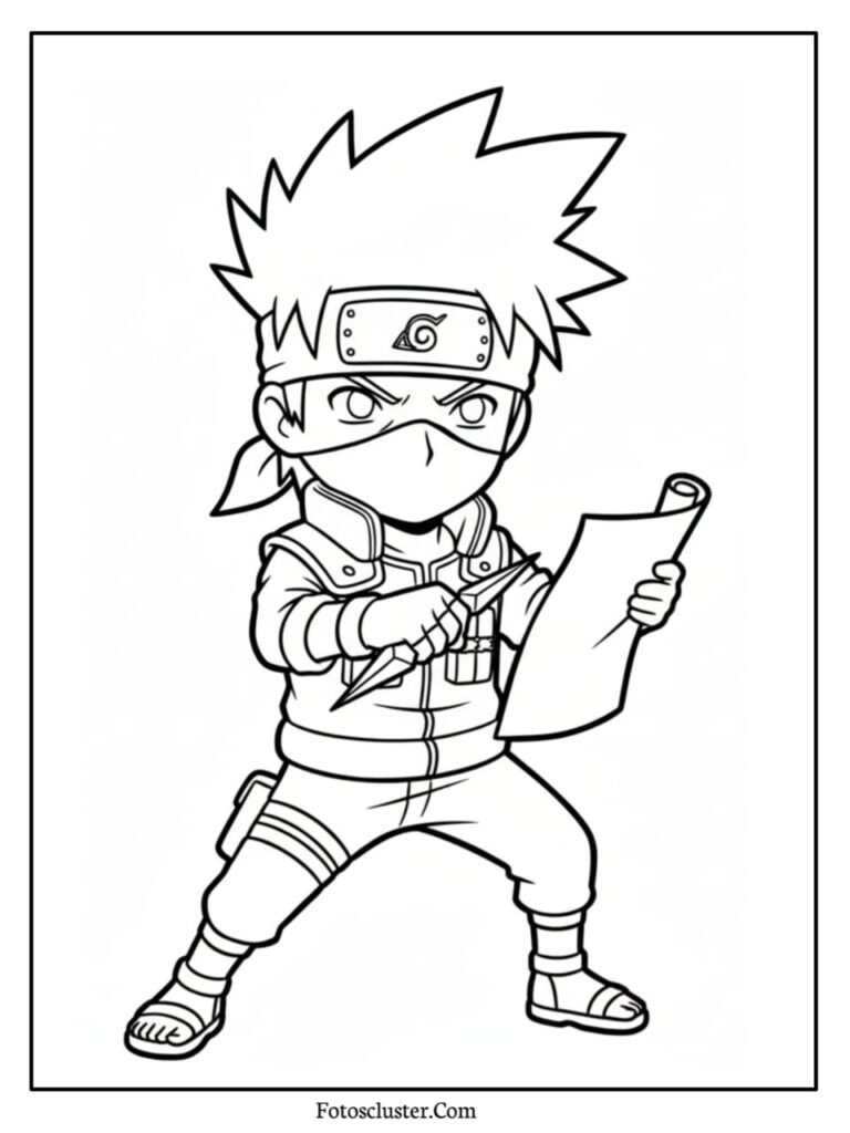 A black and white coloring page of chibi Kakashi holding a kunai and reading a mission scroll