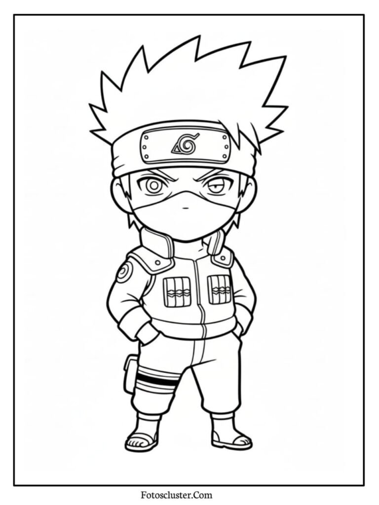A black and white coloring page of chibi Kakashi Hatake standing with his hands in his pockets