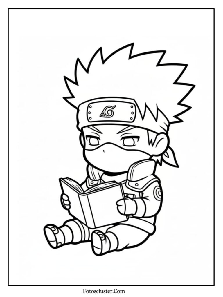 A black and white coloring page of chibi Kakashi sitting down and focused on reading a small book