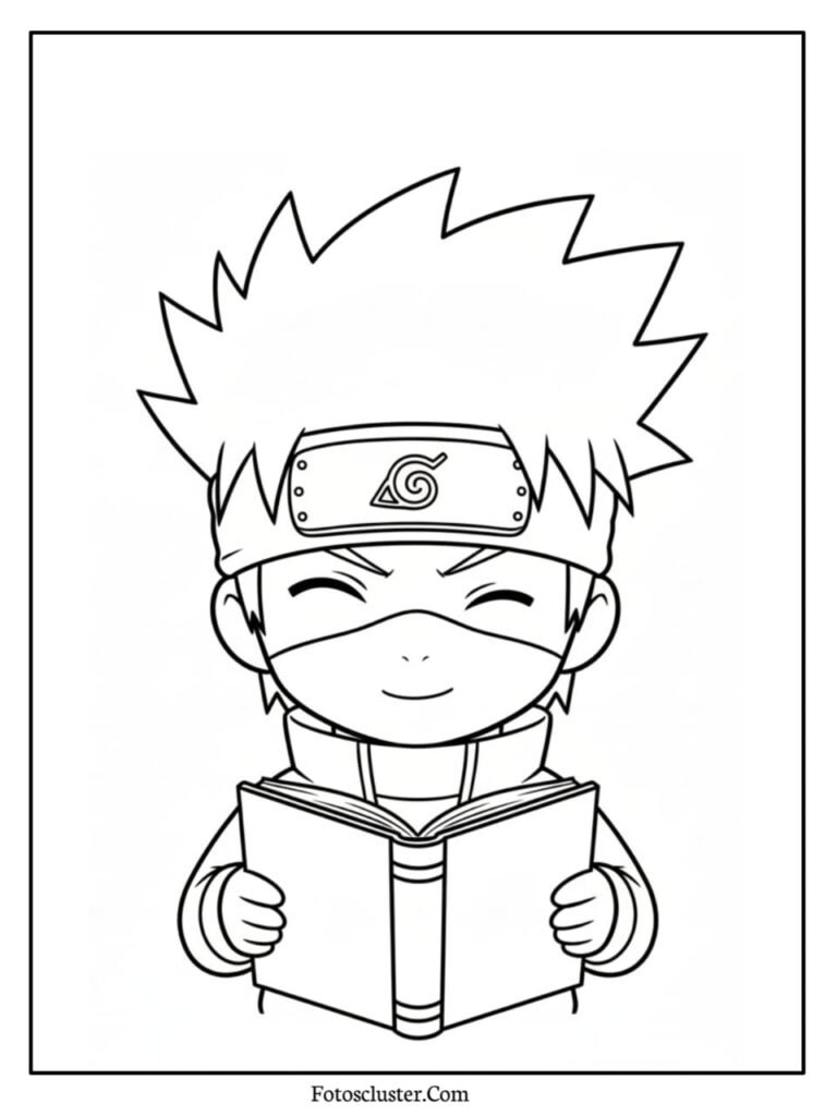 A coloring page featuring a cute chibi Kakashi Hatake, smiling with closed eyes while reading a book