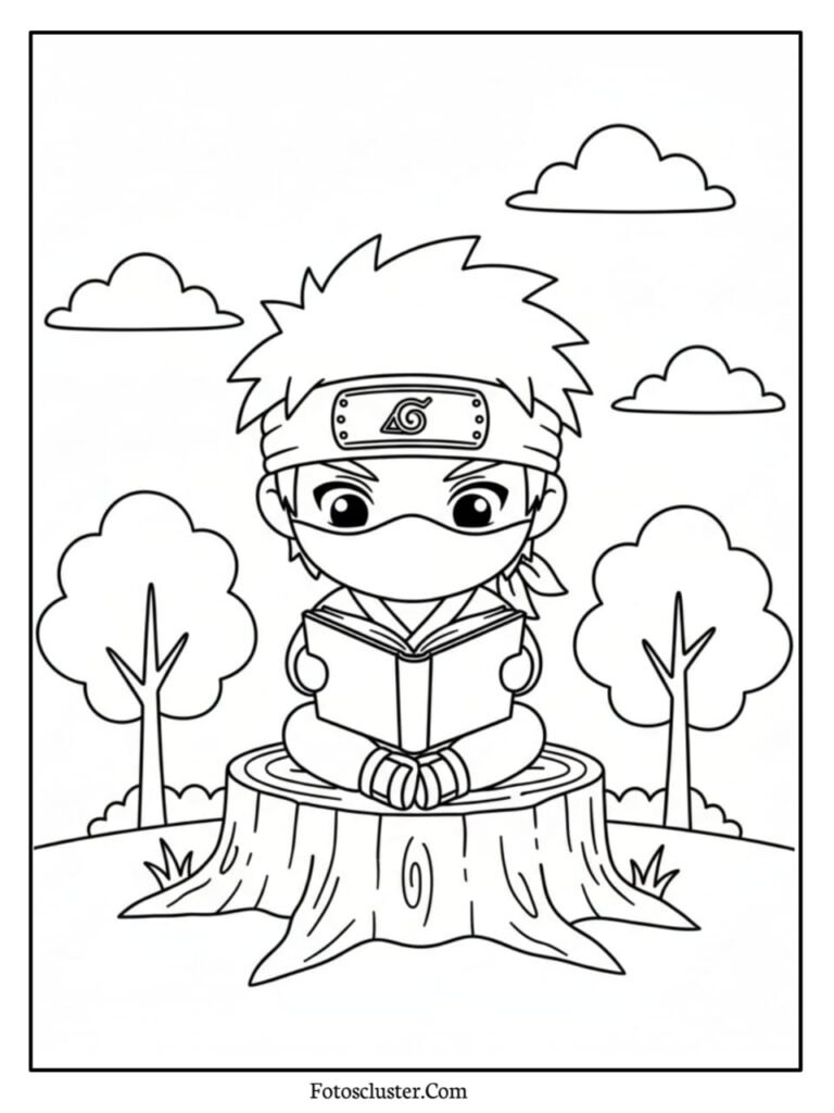 A black and white coloring page of chibi Kakashi Hatake sitting on a tree stump, reading a book outdoors