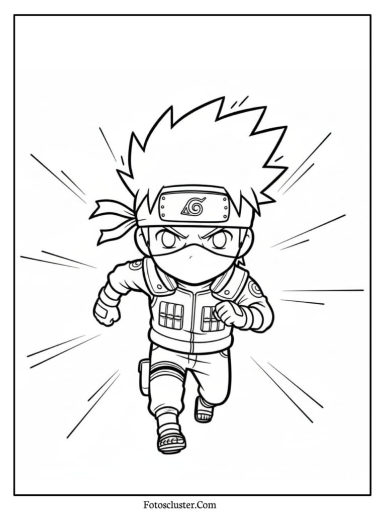 A black and white coloring page of chibi Kakashi Hatake running forward with speed lines for dynamic motion