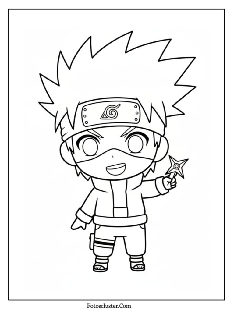 A coloring page of cute chibi Kakashi Hatake smiling and holding a small shuriken, wearing his ninja mask