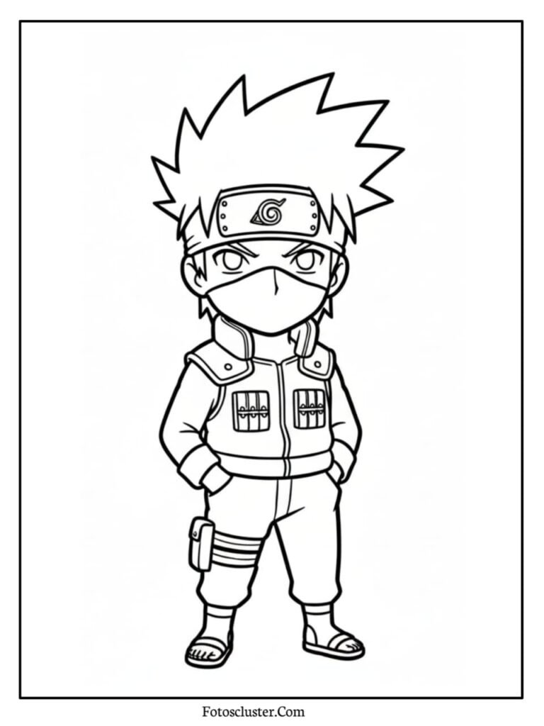 A black and white coloring page of chibi Kakashi Hatake standing casually with his hands in his pockets