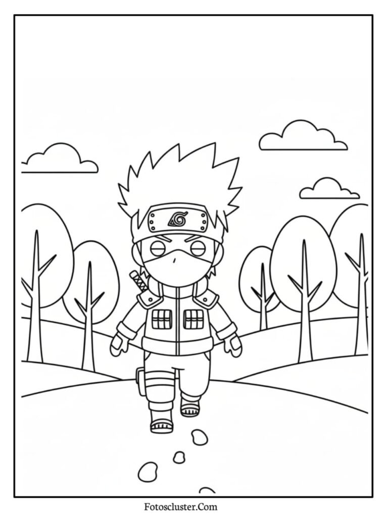 A coloring page showing chibi Kakashi Hatake walking through a forest or park, leaving footprints
