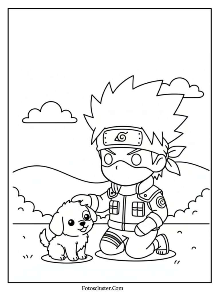 A coloring page of cute chibi Kakashi Hatake petting a small puppy in an outdoor scene with hills and clouds