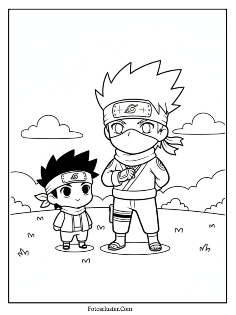 A black and white coloring page featuring chibi Kakashi Hatake and Obito Uchiha standing outdoors with clouds and gras
