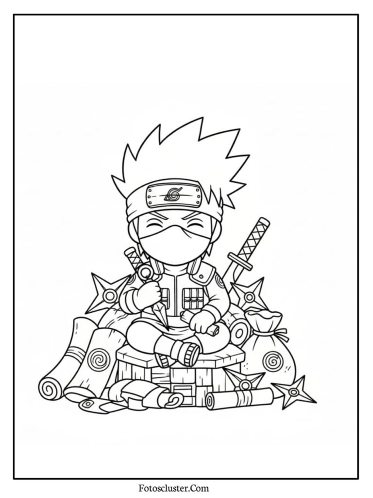 Kakashi Hatake sitting on a pile of ninja gear, holding a kunai