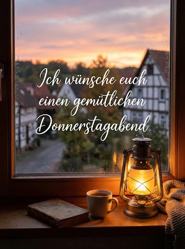 Ein gemütliches Donnerstag Bilder mit Laterne am Fenster und Blick auf Fachwerkhäuser am Abend