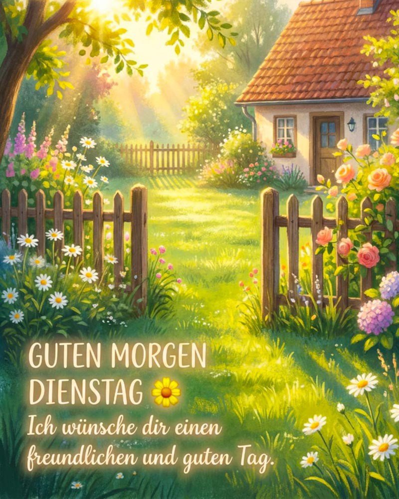 Schöne Guten Morgen Dienstag Bilder mit offenem Zaun und Blumen