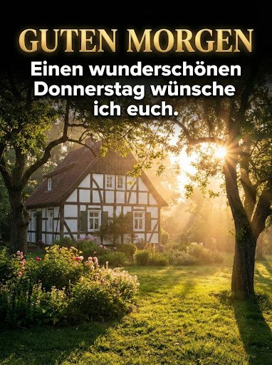 Ein malerisches Fachwerkhaus im sonnigen Garten als freundliches Guten Morgen Donnerstag Bild