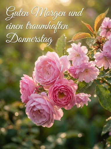 Ein strahlendes Guten Moerrgen Donnerstag Bild mit rosa Rosen und frischen Tautropfen im Licht