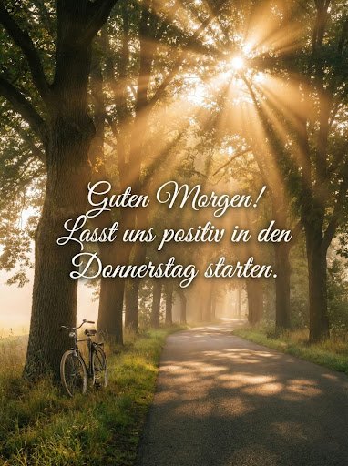 Ein sonnendurchfluteter Waldweg mit Fahrrad für ein positives Guten Morgen Donnerstag Bilder