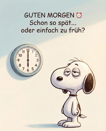 Guten Morgen Snoopy Bilder müde vor der großen Uhr