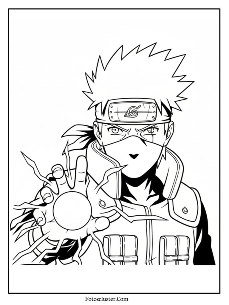 A black and white coloring page of Kakashi Hatake performing the powerful Chidori technique with lightning effects